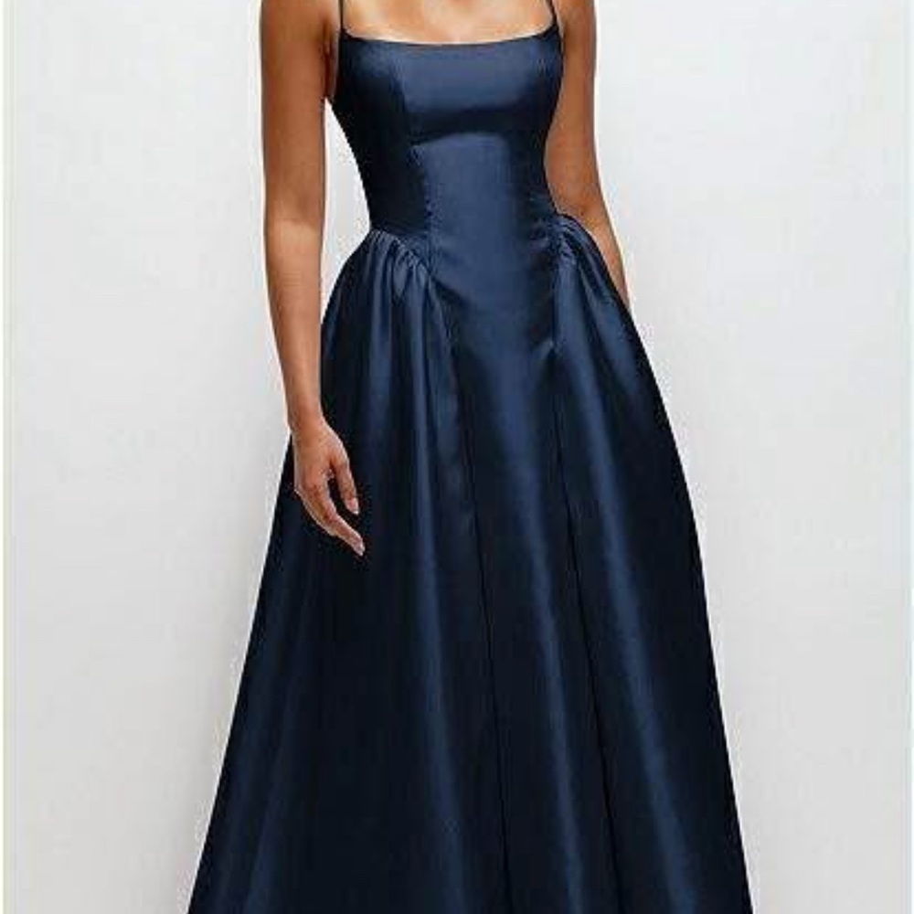DESSY COLLECTION BASQUE SKIRT SATIN MAXI DRESS W/POCKETS IN MIDNIGHT NAVY